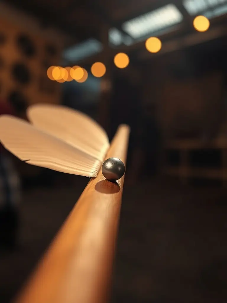 A close-up shot of a wooden quille being struck by a ball during a traditional quilles game, emphasizing the precision and skill involved.