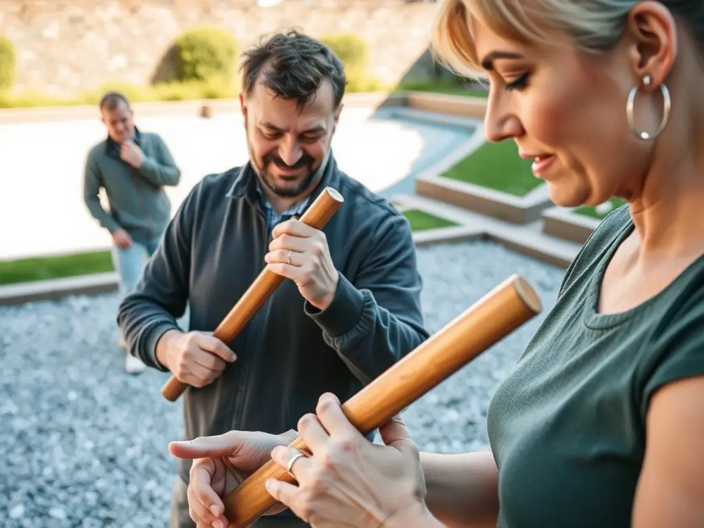 A group of SPORT QUILLES PIBOULAIS members participating in a quilles skill development workshop, focusing on technique and precision.