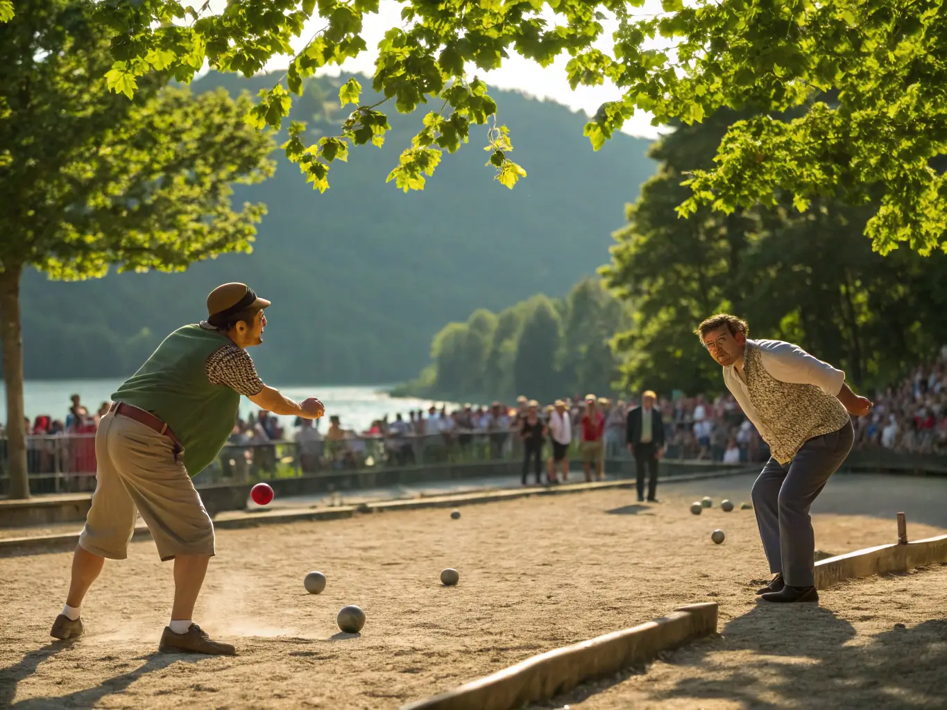 Action shot of a SPORT QUILLES PIBOULAIS competitive quilles tournament, highlighting the intensity and excitement of the sport.