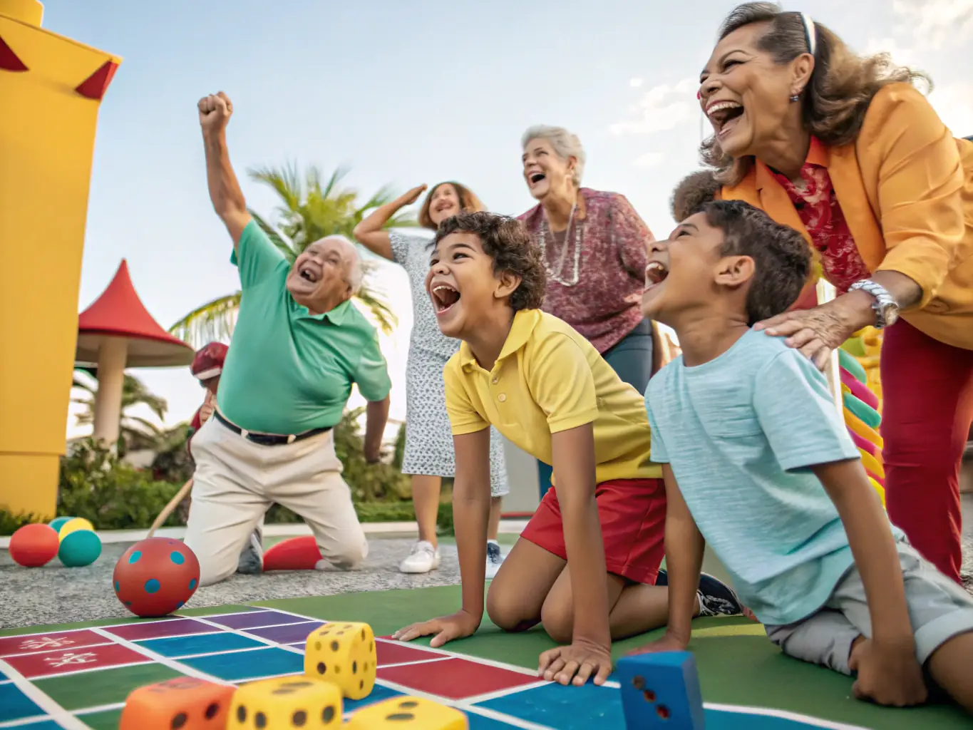 A vibrant scene from a SPORT QUILLES PIBOULAIS community engagement event, showcasing members of all ages enjoying a friendly quilles competition.