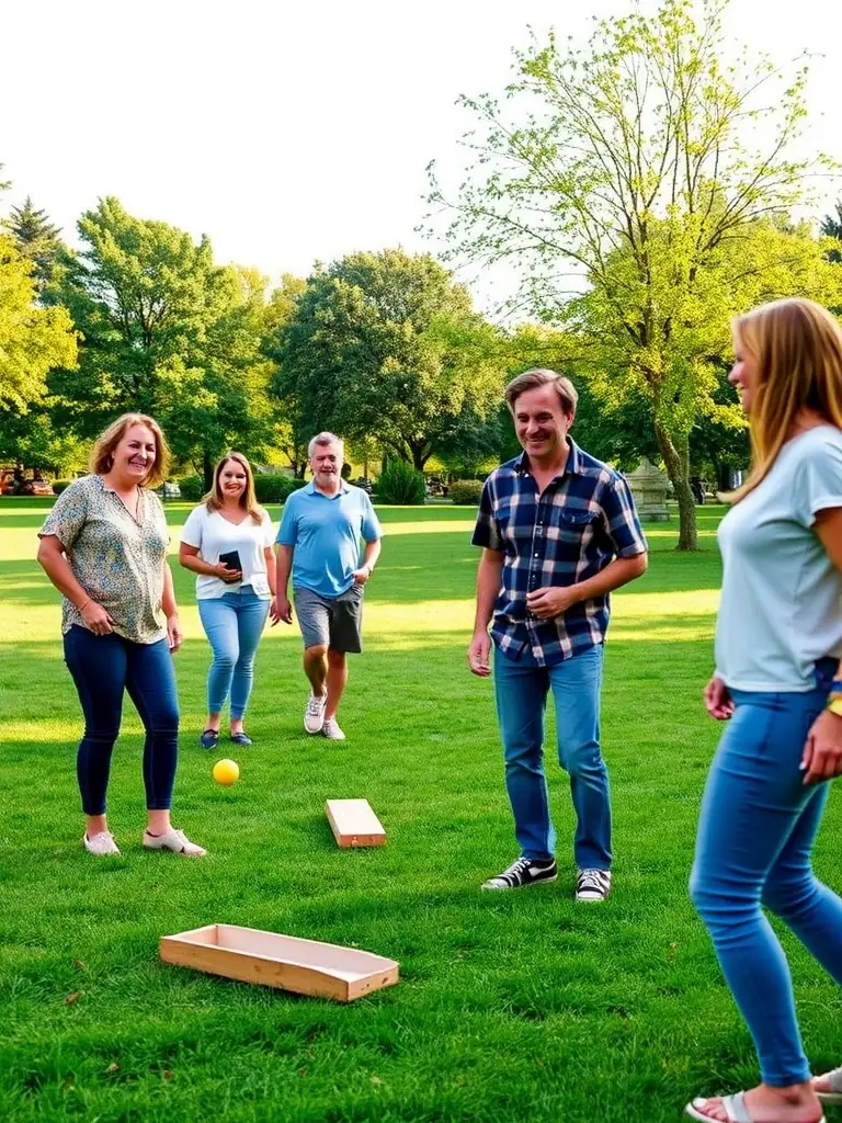 A group of people of various ages laughing and socializing while participating in a casual quilles game at a local park.